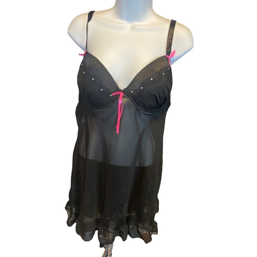 Delicious Sheer Full Cup Pink Bow Black Sexy Nightie Sz 1X